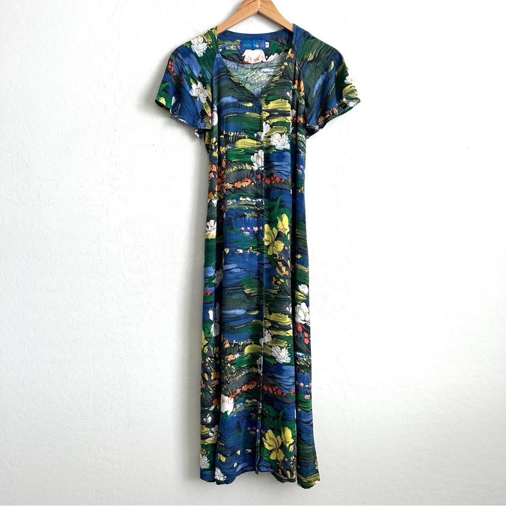 Jams World Midi Dress Small Button Up Flowy Sleeve Monet Rare Vintage Print Blue